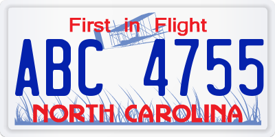 NC license plate ABC4755