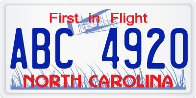 NC license plate ABC4920