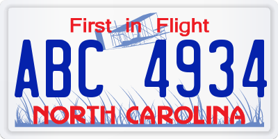 NC license plate ABC4934