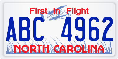 NC license plate ABC4962