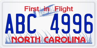 NC license plate ABC4996