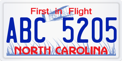 NC license plate ABC5205