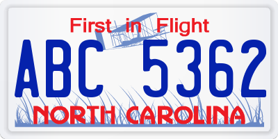 NC license plate ABC5362