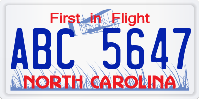 NC license plate ABC5647