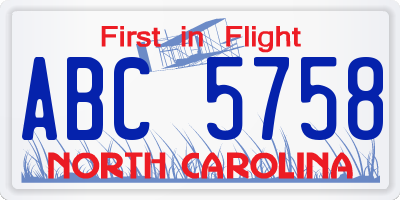 NC license plate ABC5758