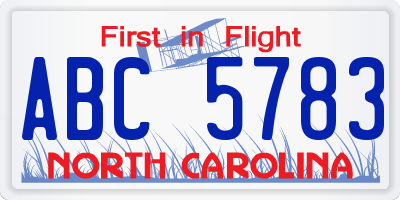 NC license plate ABC5783
