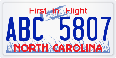 NC license plate ABC5807