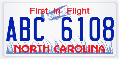 NC license plate ABC6108