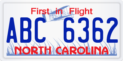 NC license plate ABC6362