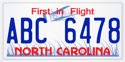 NC license plate ABC6478