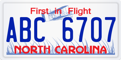 NC license plate ABC6707