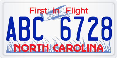 NC license plate ABC6728