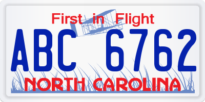 NC license plate ABC6762