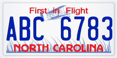 NC license plate ABC6783