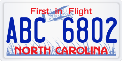 NC license plate ABC6802