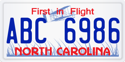 NC license plate ABC6986