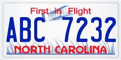 NC license plate ABC7232