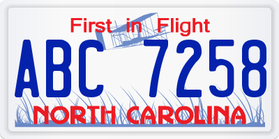 NC license plate ABC7258