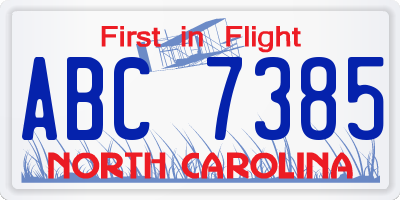 NC license plate ABC7385