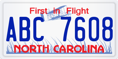 NC license plate ABC7608