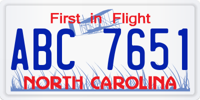 NC license plate ABC7651
