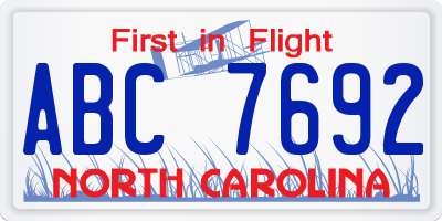 NC license plate ABC7692