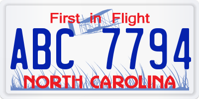 NC license plate ABC7794