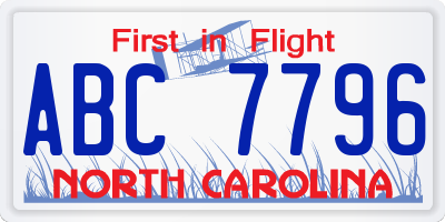 NC license plate ABC7796