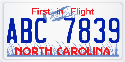 NC license plate ABC7839