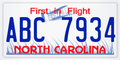 NC license plate ABC7934