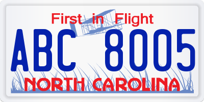 NC license plate ABC8005