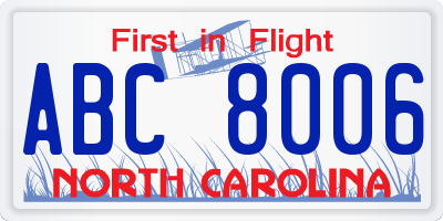 NC license plate ABC8006