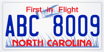 NC license plate ABC8009