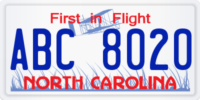 NC license plate ABC8020