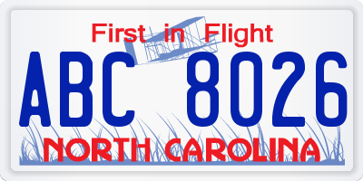 NC license plate ABC8026