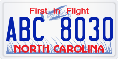 NC license plate ABC8030