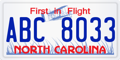 NC license plate ABC8033