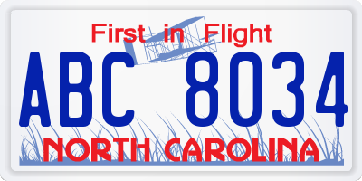 NC license plate ABC8034