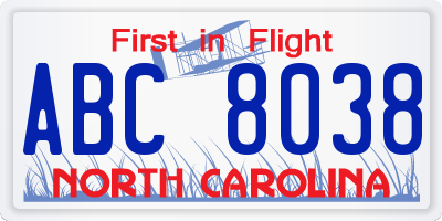 NC license plate ABC8038