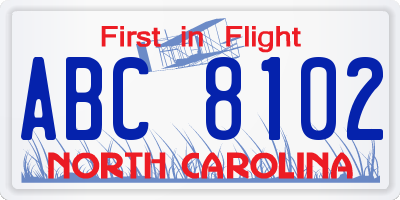 NC license plate ABC8102