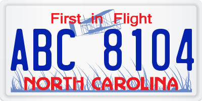 NC license plate ABC8104