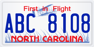 NC license plate ABC8108