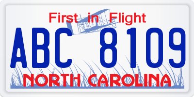 NC license plate ABC8109