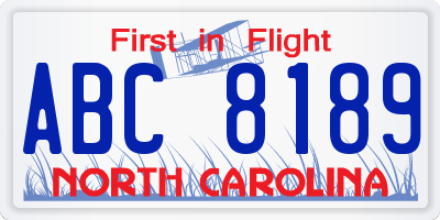 NC license plate ABC8189