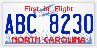 NC license plate ABC8230