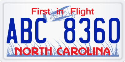 NC license plate ABC8360