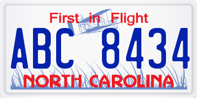 NC license plate ABC8434