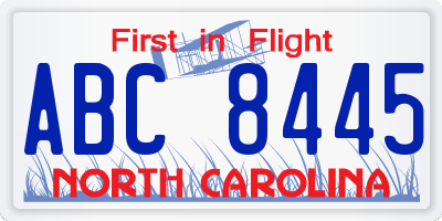 NC license plate ABC8445
