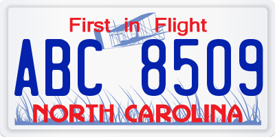 NC license plate ABC8509