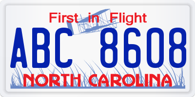 NC license plate ABC8608